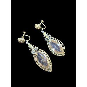 Antique Stunning Greek Key Czech Glass Dangle Screwback Earrings (A9575)